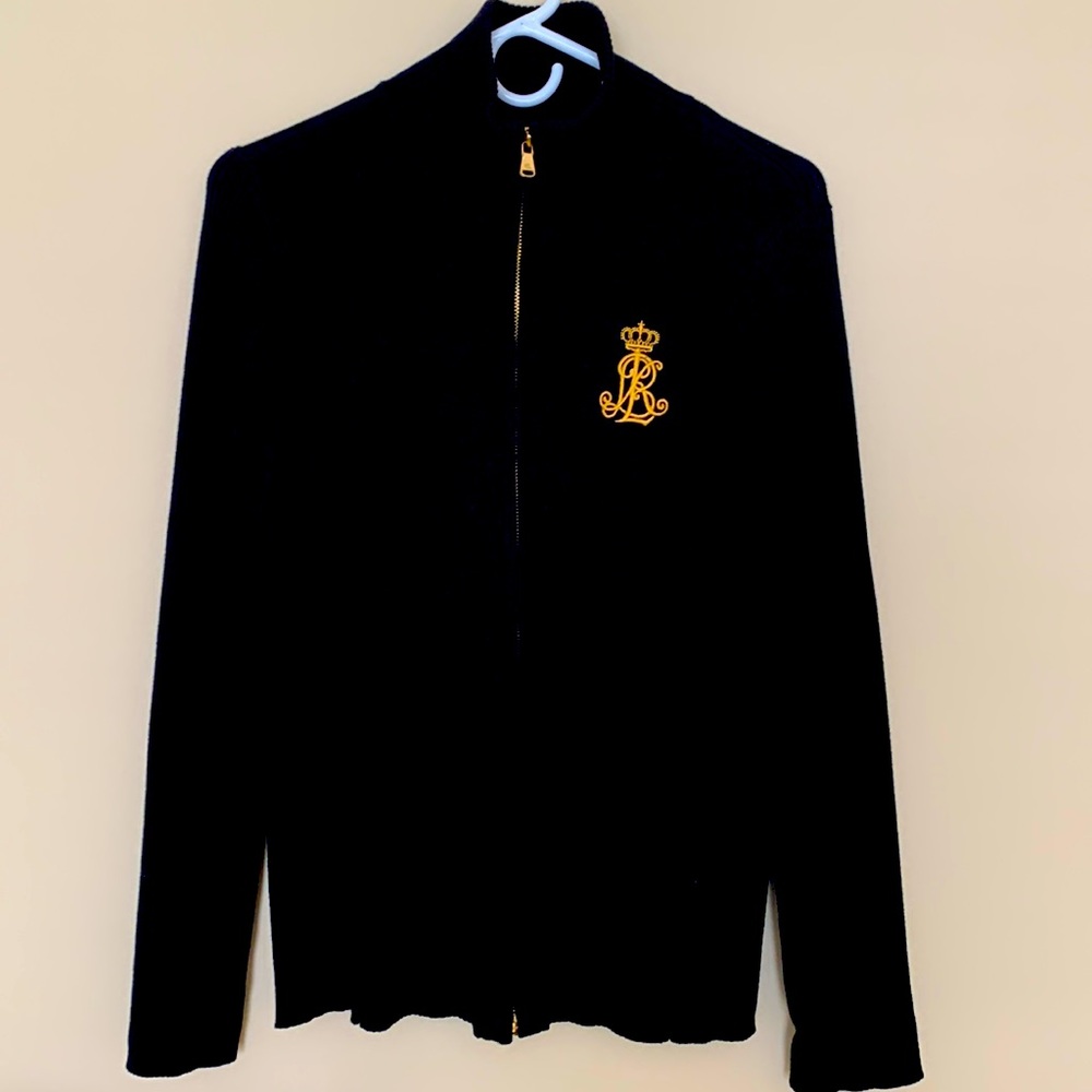 Vintage Ralph Lauren Zip Cardigan Ribbed Black Sweater Size L